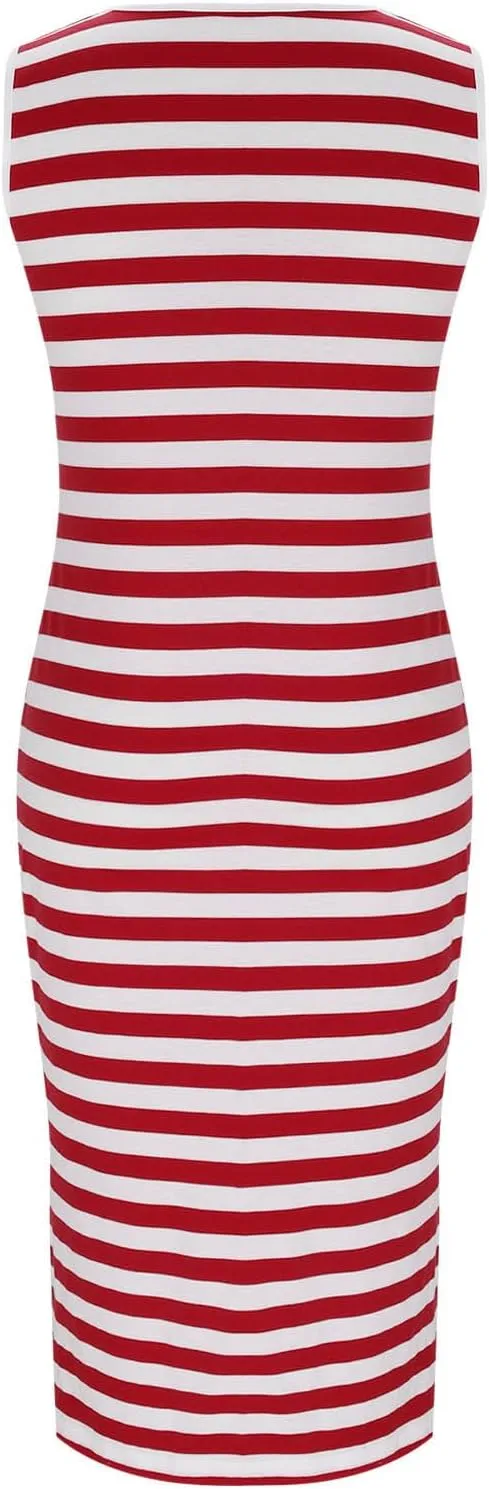 Sundresses for Women 2025 Casual V Neck Sleeveless Tank Sweatdress Summer Drawstring Slim Striped Slit Midi Dress