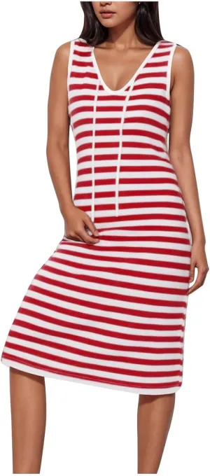Sundresses for Women 2025 Casual V Neck Sleeveless Tank Sweatdress Summer Drawstring Slim Striped Slit Midi Dress