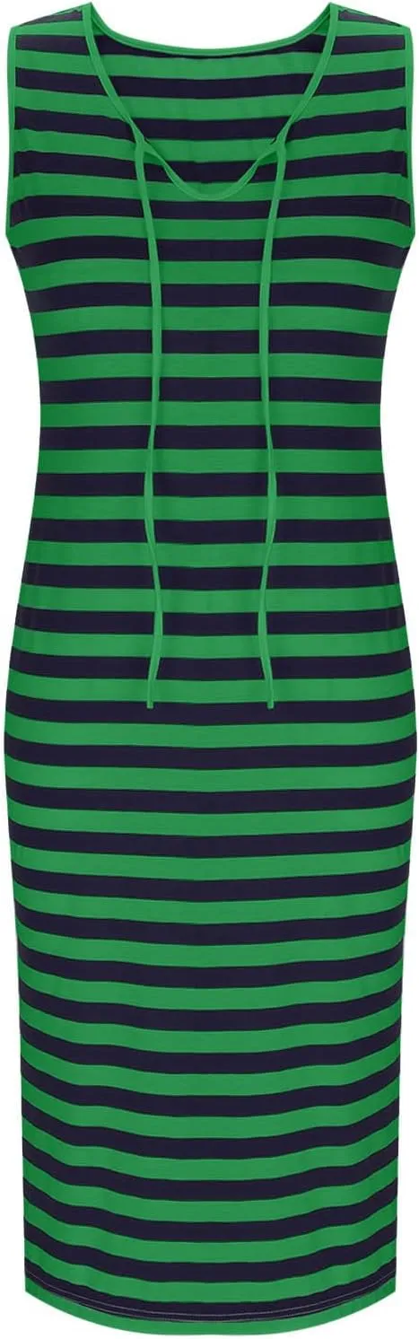 Sundresses for Women 2025 Casual V Neck Sleeveless Tank Sweatdress Summer Drawstring Slim Striped Slit Midi Dress