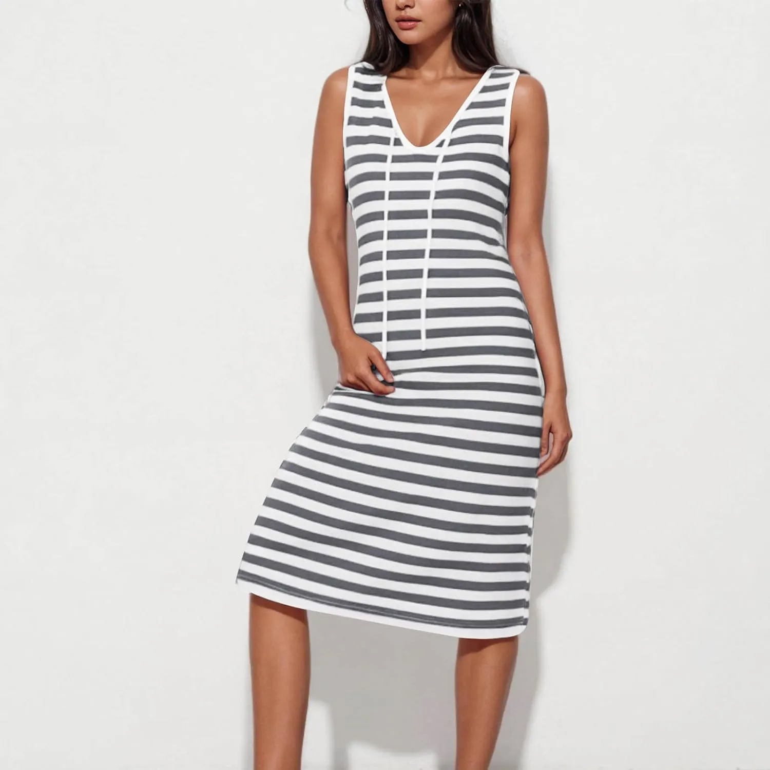Sundresses for Women 2025 Casual V Neck Sleeveless Tank Sweatdress Summer Drawstring Slim Striped Slit Midi Dress