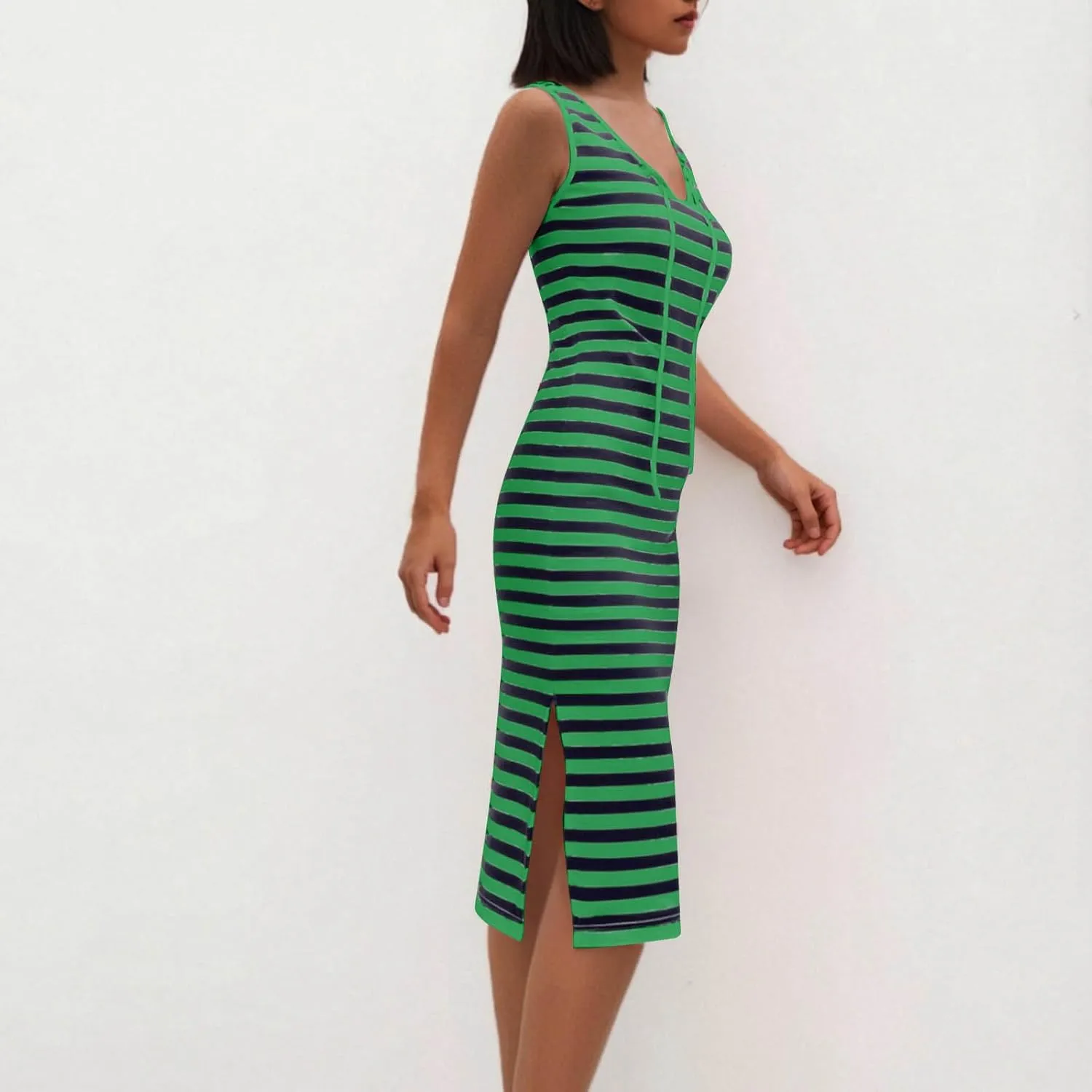 Sundresses for Women 2025 Casual V Neck Sleeveless Tank Sweatdress Summer Drawstring Slim Striped Slit Midi Dress