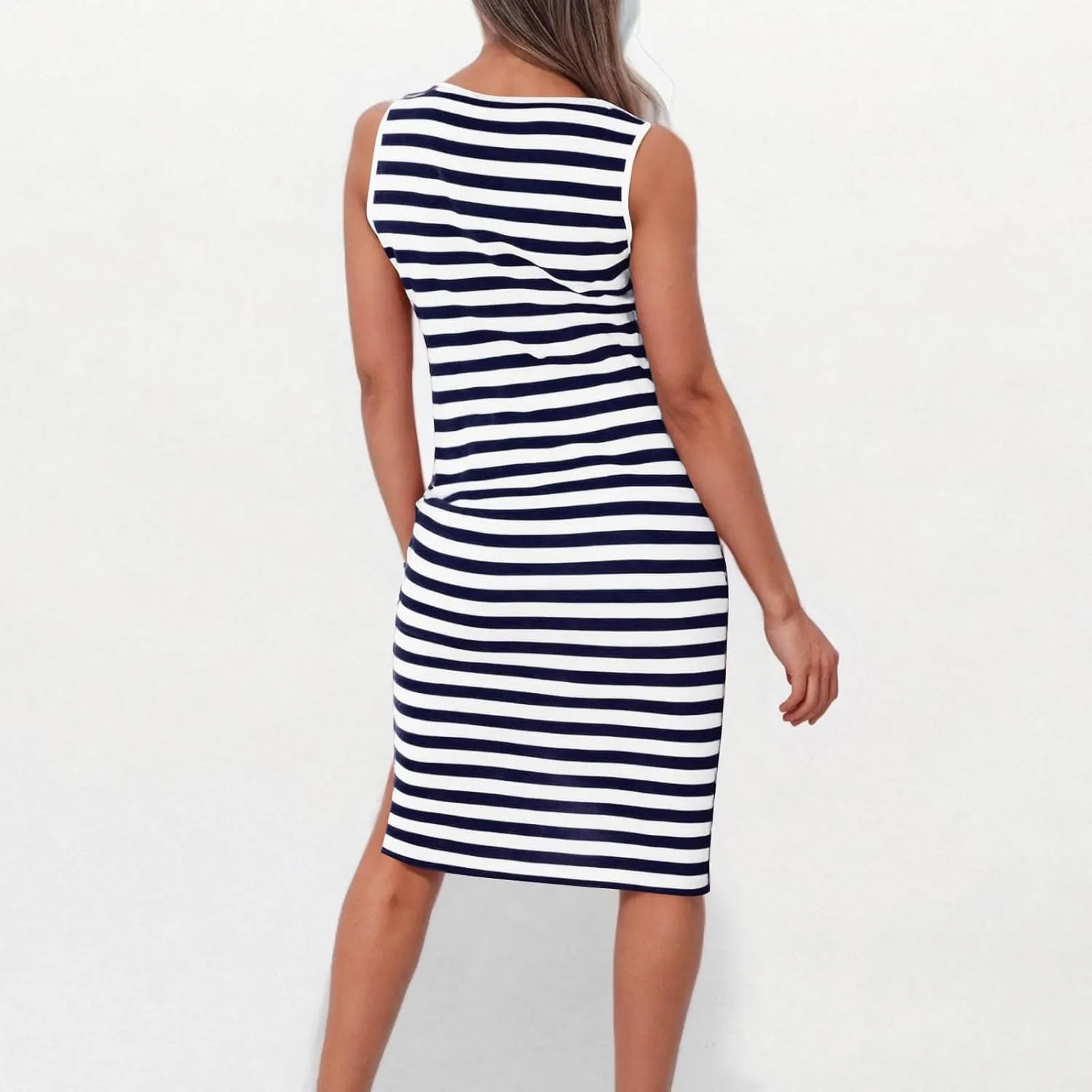 Sundresses for Women 2025 Casual V Neck Sleeveless Tank Sweatdress Summer Drawstring Slim Striped Slit Midi Dress