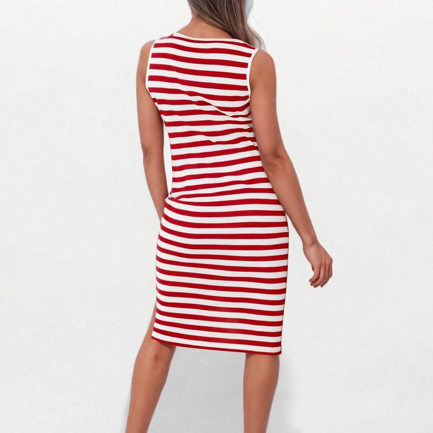 Sundresses for Women 2025 Casual V Neck Sleeveless Tank Sweatdress Summer Drawstring Slim Striped Slit Midi Dress