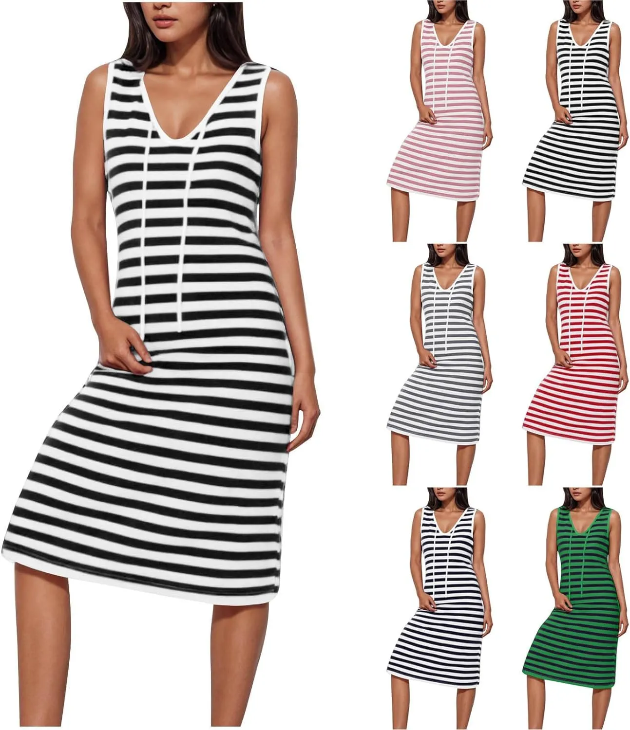 Sundresses for Women 2025 Casual V Neck Sleeveless Tank Sweatdress Summer Drawstring Slim Striped Slit Midi Dress