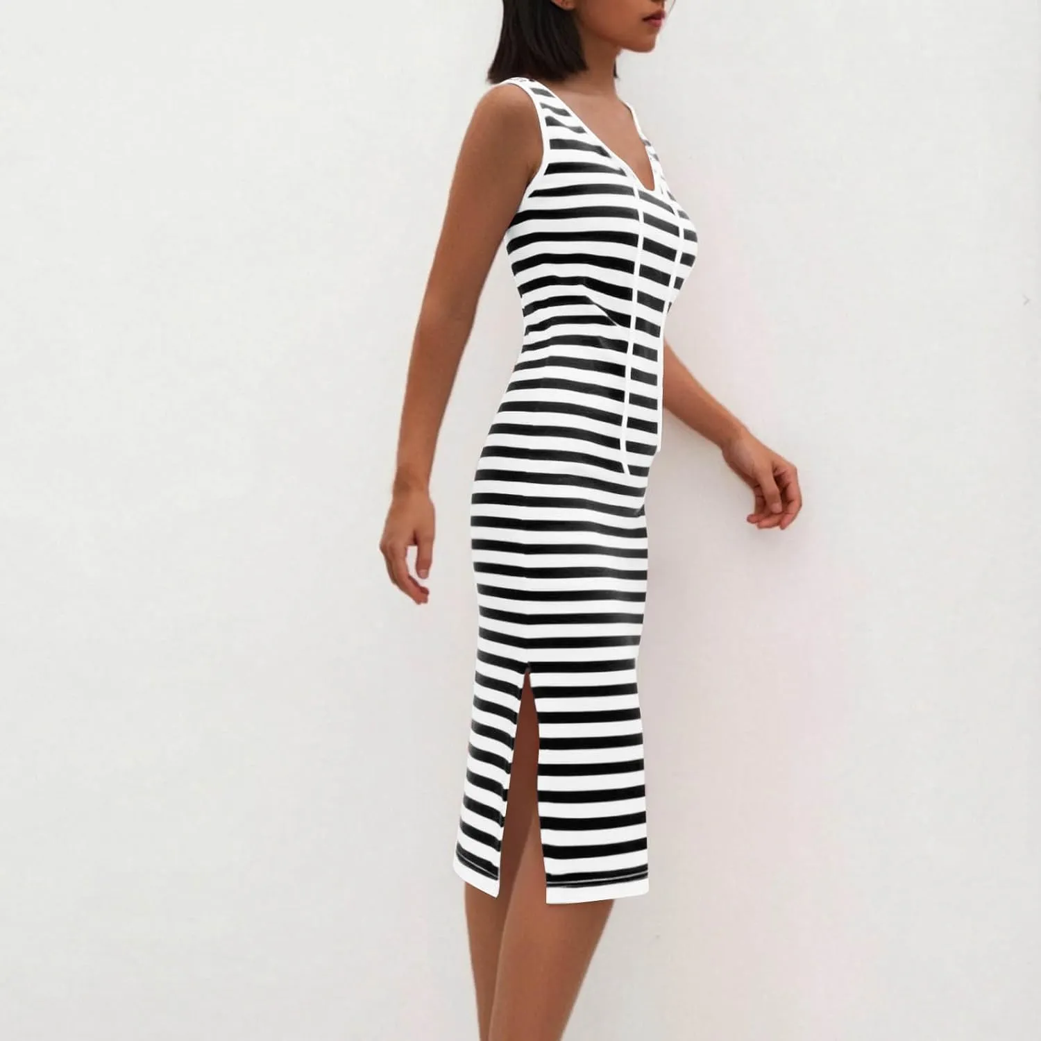 Sundresses for Women 2025 Casual V Neck Sleeveless Tank Sweatdress Summer Drawstring Slim Striped Slit Midi Dress