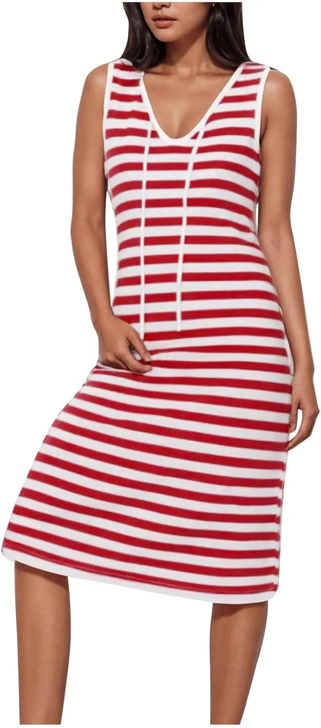 Sundresses for Women 2025 Casual V Neck Sleeveless Tank Sweatdress Summer Drawstring Slim Striped Slit Midi Dress