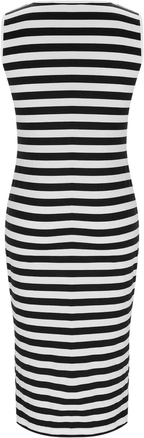 Sundresses for Women 2025 Casual V Neck Sleeveless Tank Sweatdress Summer Drawstring Slim Striped Slit Midi Dress