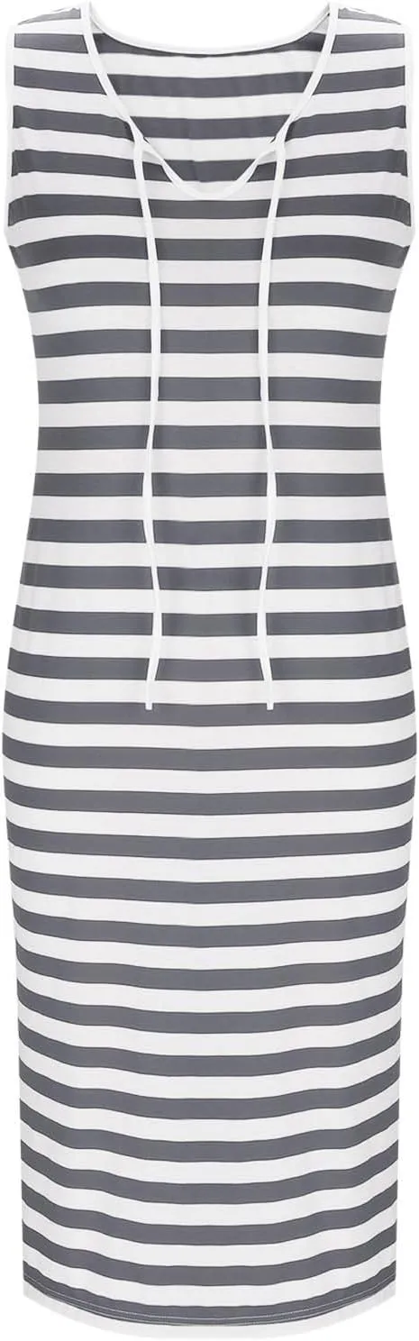 Sundresses for Women 2025 Casual V Neck Sleeveless Tank Sweatdress Summer Drawstring Slim Striped Slit Midi Dress