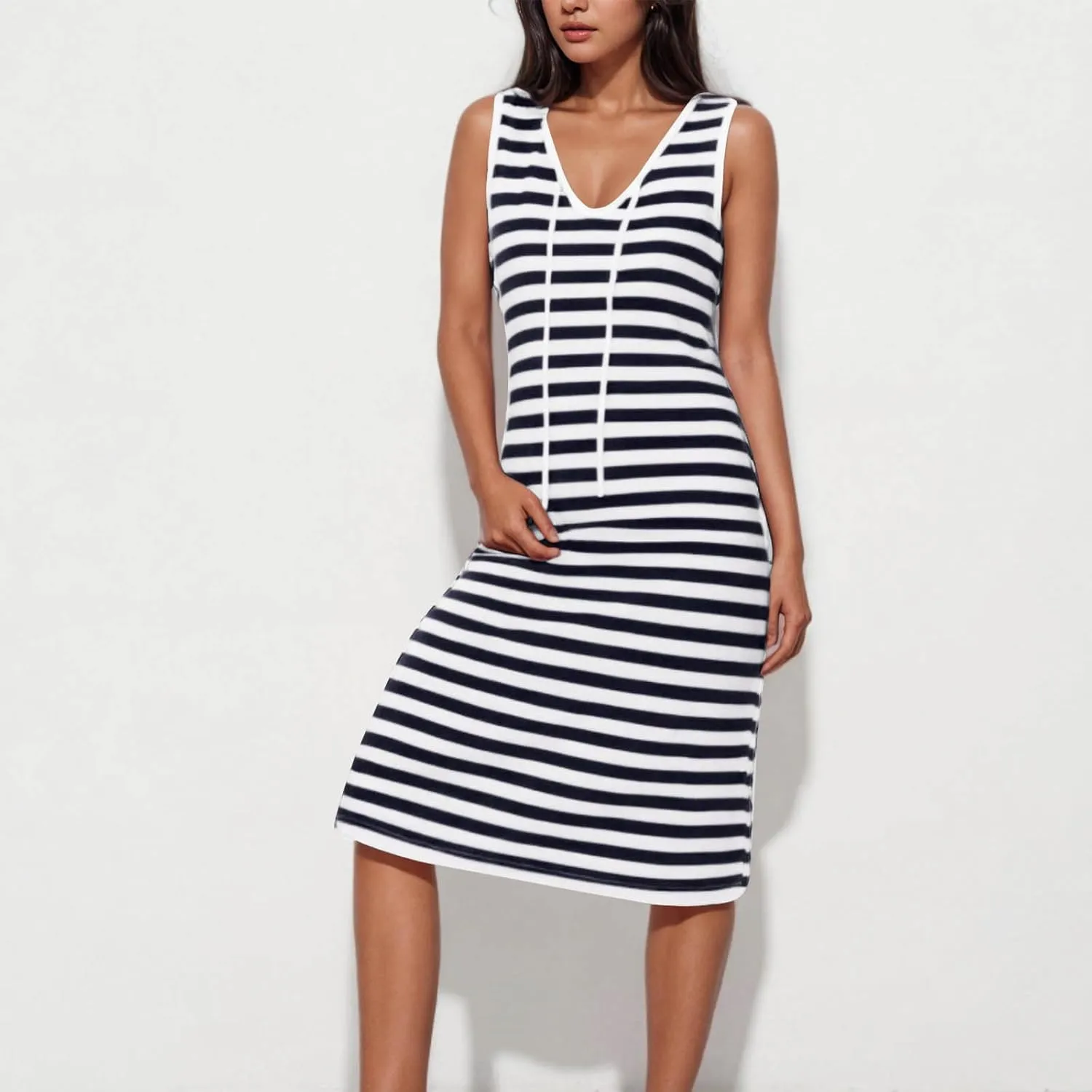 Sundresses for Women 2025 Casual V Neck Sleeveless Tank Sweatdress Summer Drawstring Slim Striped Slit Midi Dress