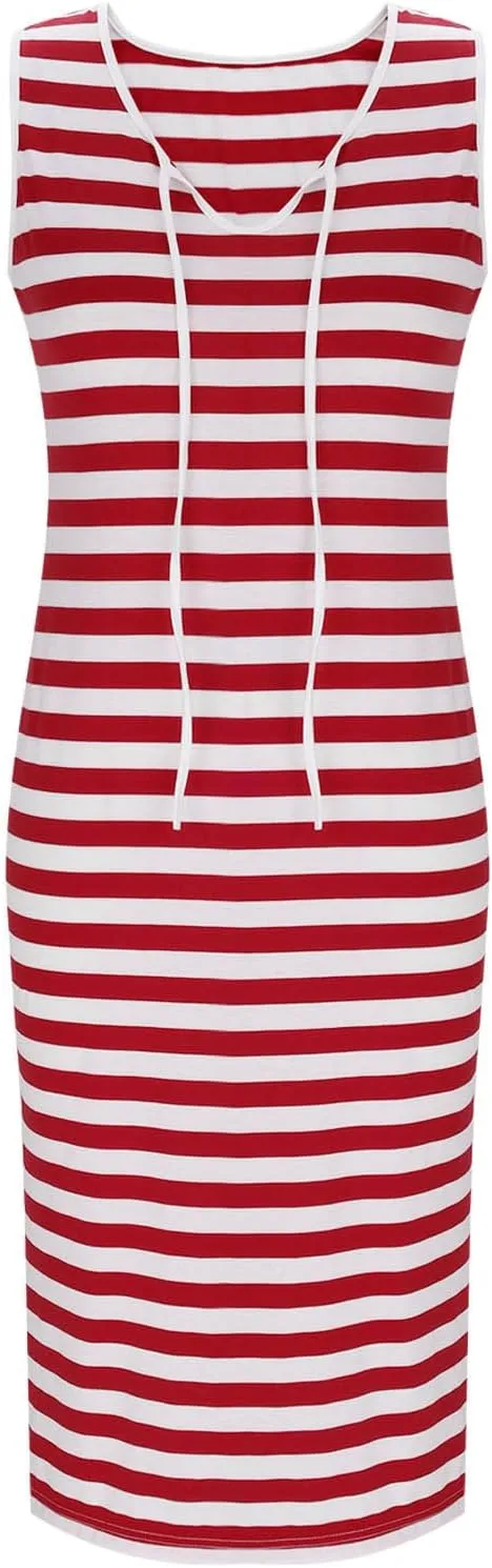 Sundresses for Women 2025 Casual V Neck Sleeveless Tank Sweatdress Summer Drawstring Slim Striped Slit Midi Dress