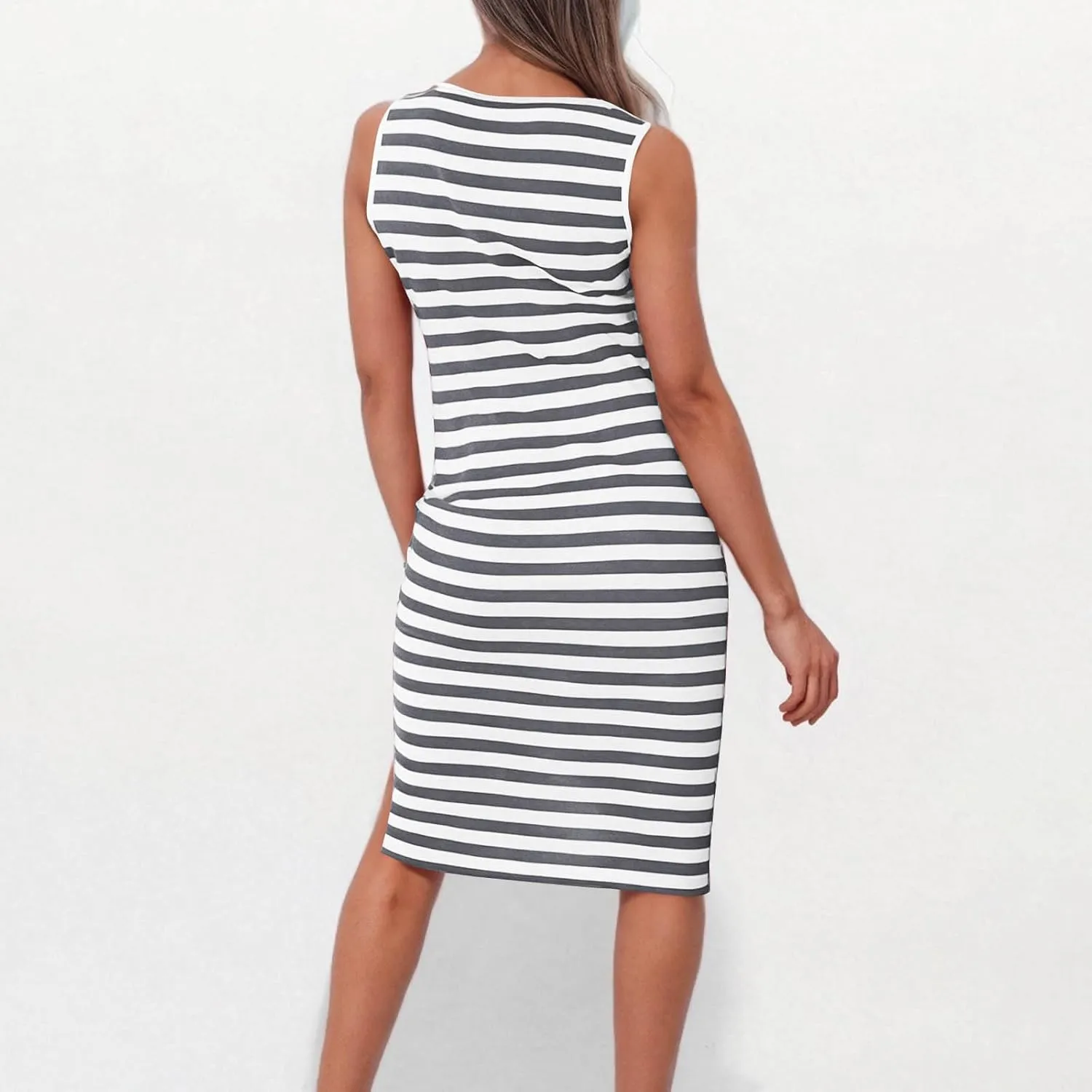 Sundresses for Women 2025 Casual V Neck Sleeveless Tank Sweatdress Summer Drawstring Slim Striped Slit Midi Dress