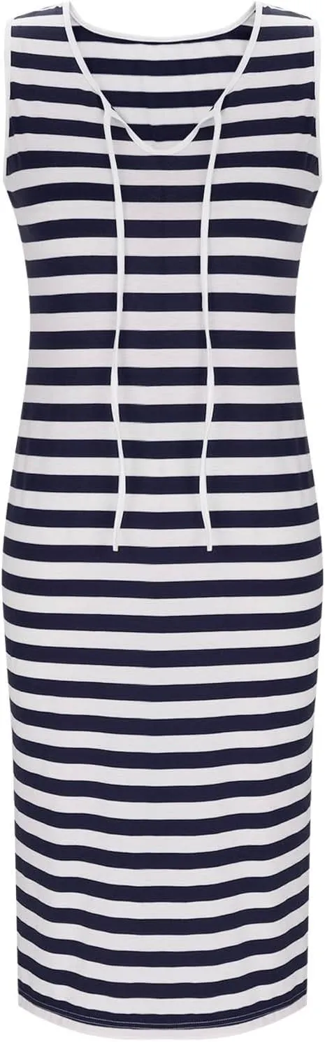 Sundresses for Women 2025 Casual V Neck Sleeveless Tank Sweatdress Summer Drawstring Slim Striped Slit Midi Dress
