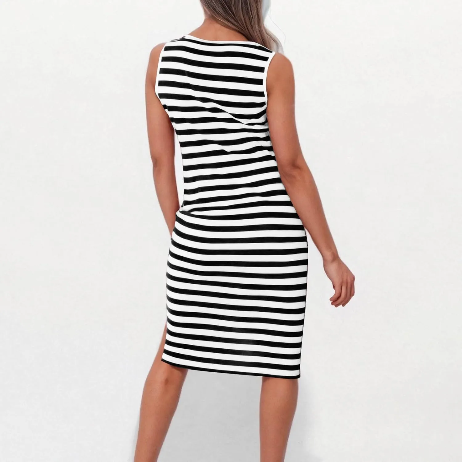 Sundresses for Women 2025 Casual V Neck Sleeveless Tank Sweatdress Summer Drawstring Slim Striped Slit Midi Dress