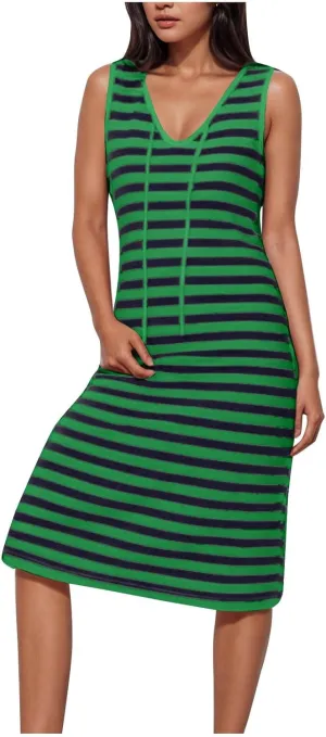 Sundresses for Women 2025 Casual V Neck Sleeveless Tank Sweatdress Summer Drawstring Slim Striped Slit Midi Dress