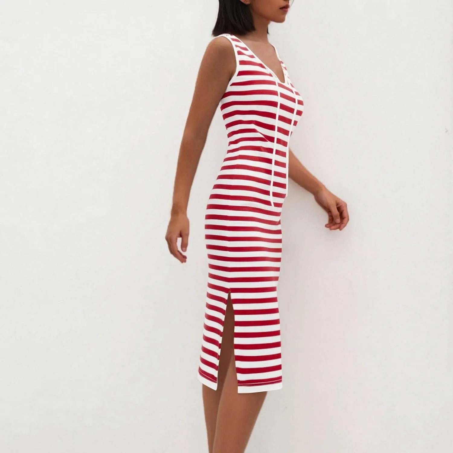 Sundresses for Women 2025 Casual V Neck Sleeveless Tank Sweatdress Summer Drawstring Slim Striped Slit Midi Dress