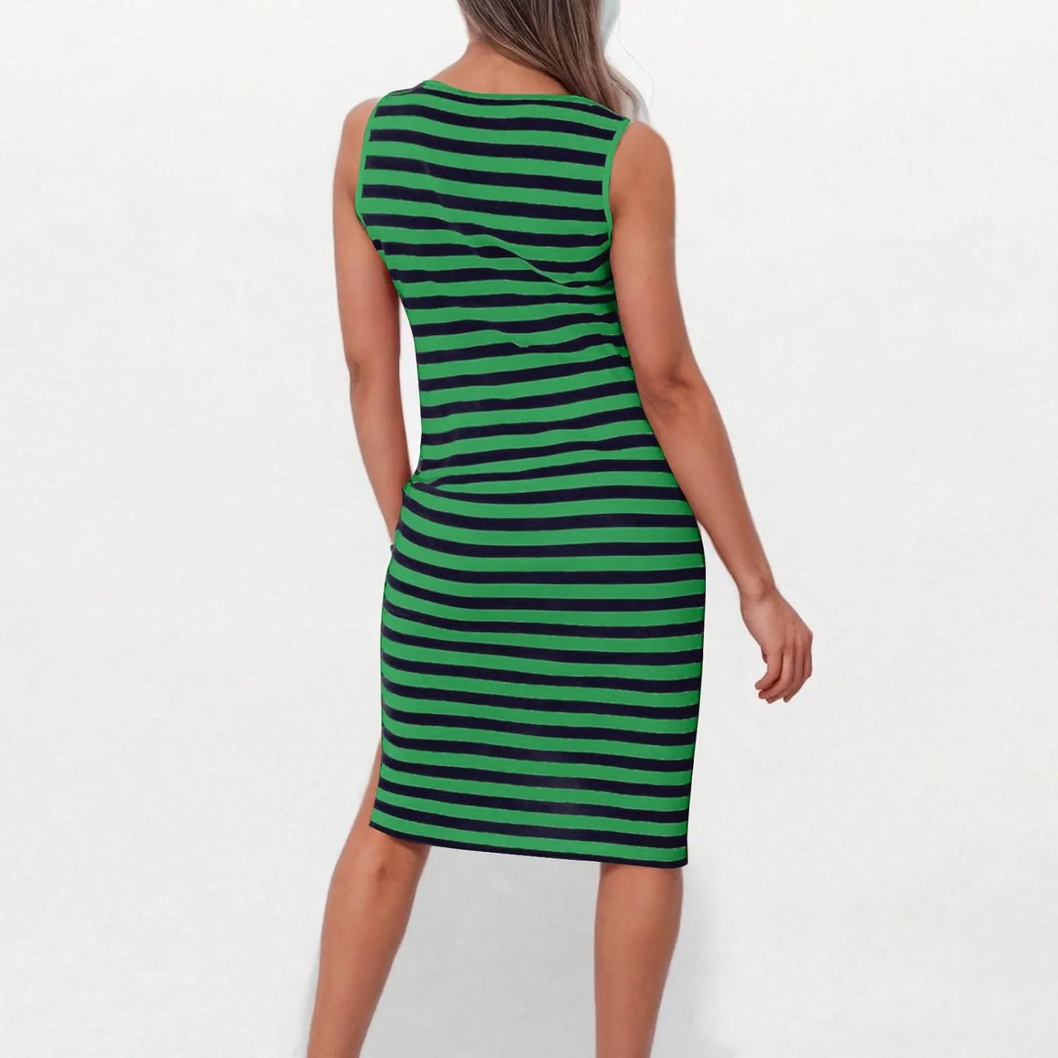 Sundresses for Women 2025 Casual V Neck Sleeveless Tank Sweatdress Summer Drawstring Slim Striped Slit Midi Dress