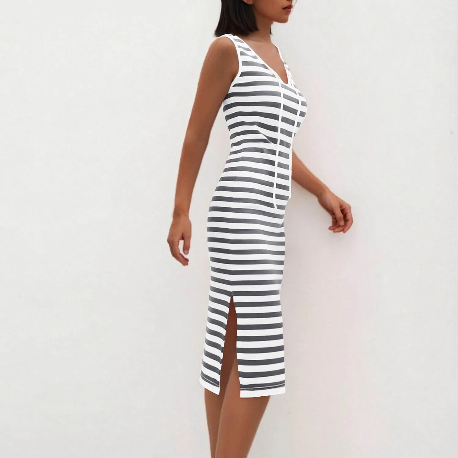 Sundresses for Women 2025 Casual V Neck Sleeveless Tank Sweatdress Summer Drawstring Slim Striped Slit Midi Dress