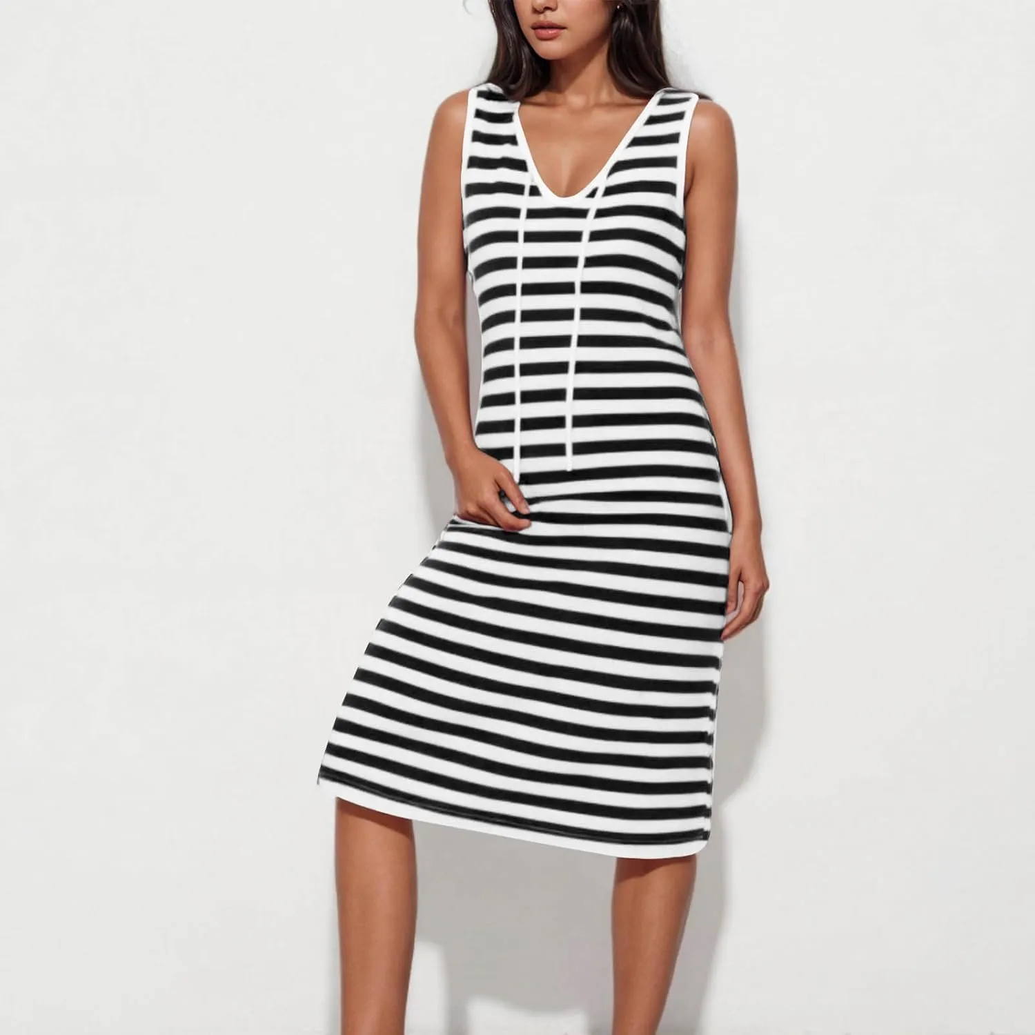 Sundresses for Women 2025 Casual V Neck Sleeveless Tank Sweatdress Summer Drawstring Slim Striped Slit Midi Dress