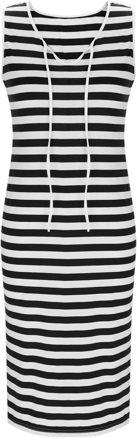 Sundresses for Women 2025 Casual V Neck Sleeveless Tank Sweatdress Summer Drawstring Slim Striped Slit Midi Dress