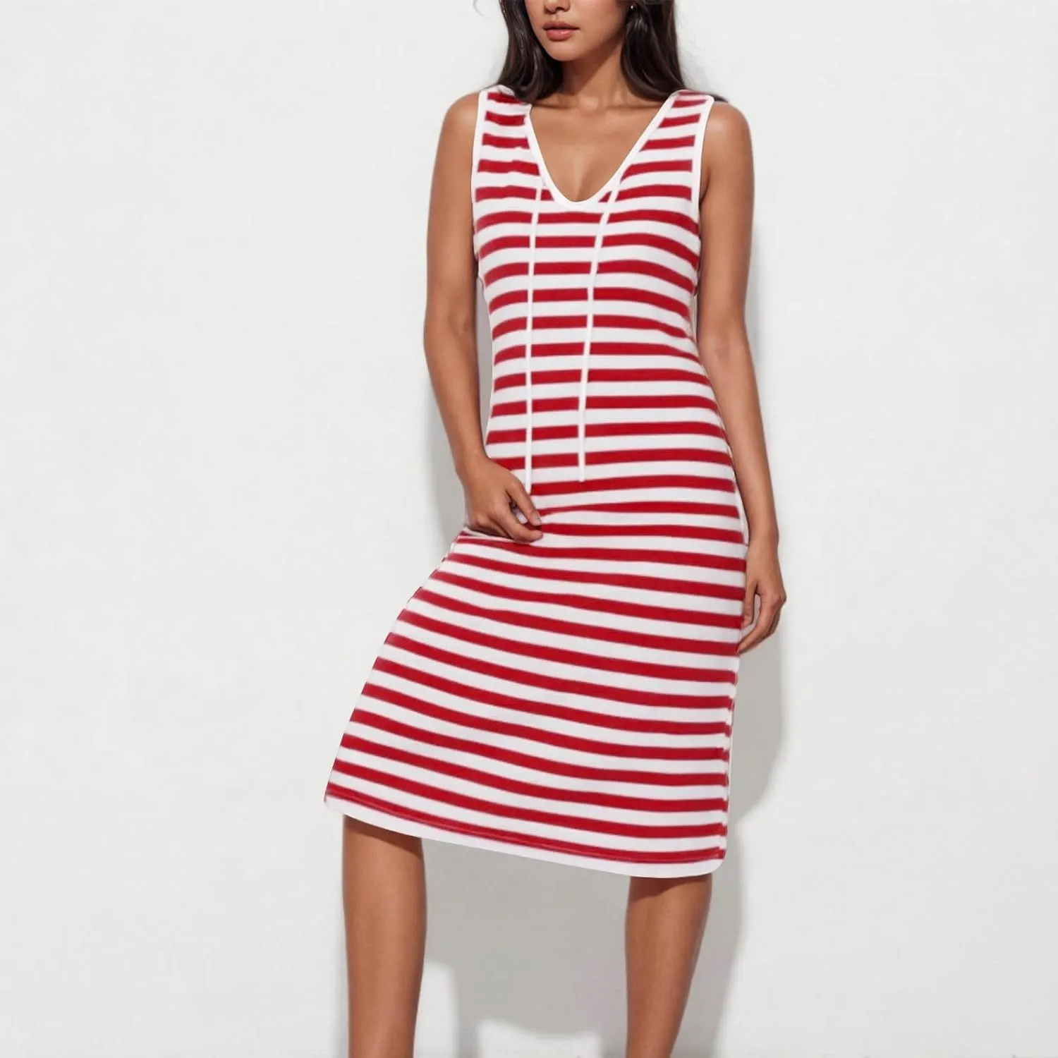 Sundresses for Women 2025 Casual V Neck Sleeveless Tank Sweatdress Summer Drawstring Slim Striped Slit Midi Dress