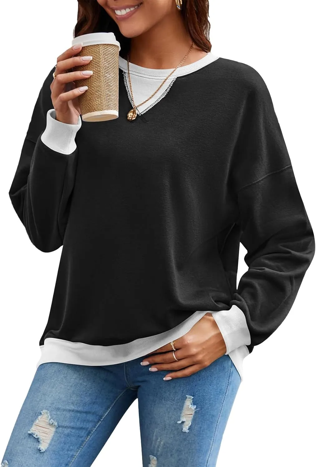 Sweatshirt for Women Oversized Striped Crewneck Long Sleeve Shirt Color Block Pullover Top Y2K Trendy Clothes 2024