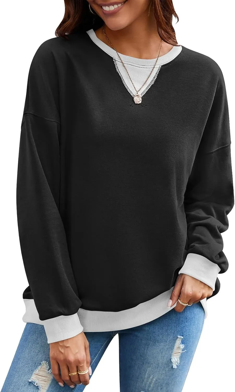 Sweatshirt for Women Oversized Striped Crewneck Long Sleeve Shirt Color Block Pullover Top Y2K Trendy Clothes 2024