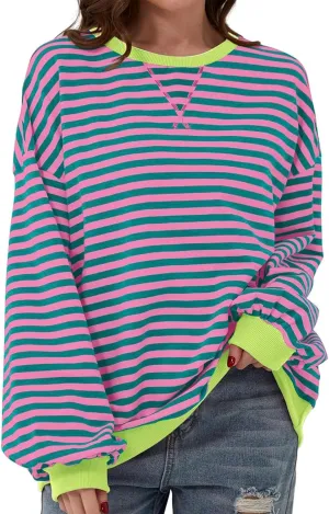 Sweatshirt for Women Oversized Striped Crewneck Long Sleeve Shirt Color Block Pullover Top Y2K Trendy Clothes 2024