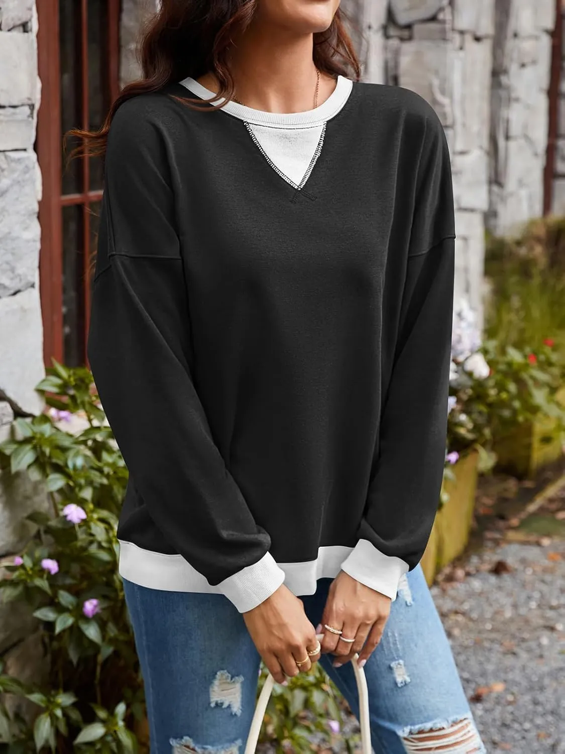 Sweatshirt for Women Oversized Striped Crewneck Long Sleeve Shirt Color Block Pullover Top Y2K Trendy Clothes 2024