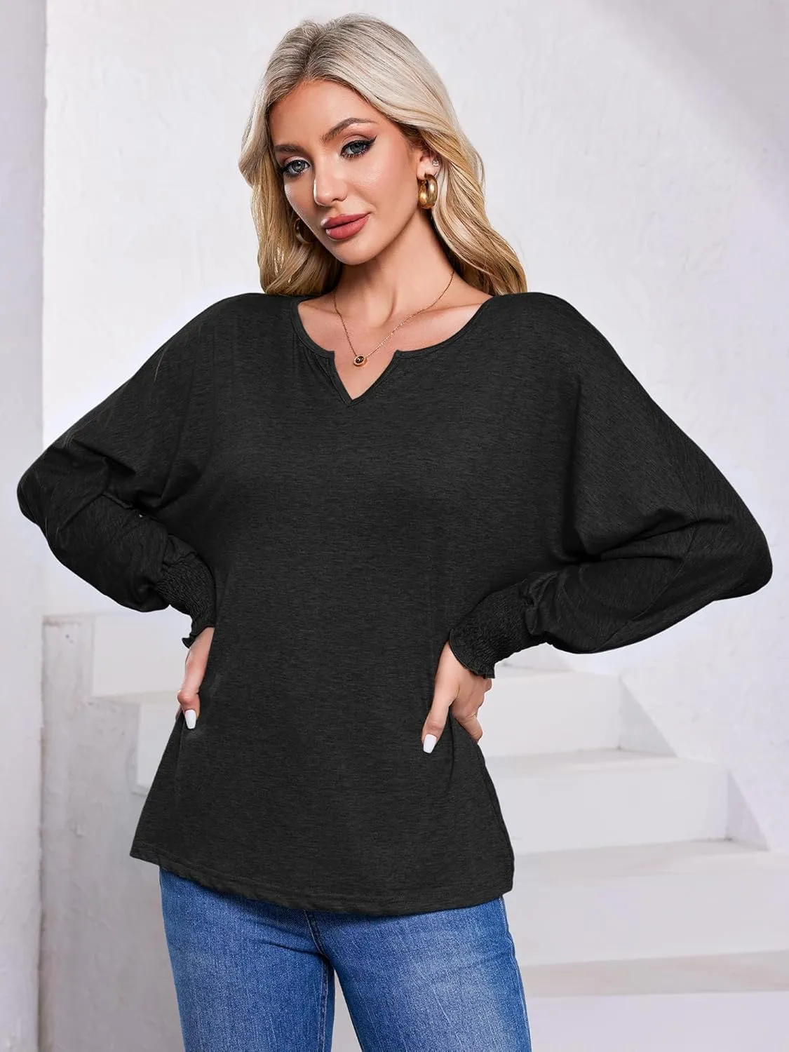 TAKEYAL Women's 2025 Fashion 3/4 Sleeve V Neck T-Shirts Cute Spring Summer Business Dressy Blouses Solid Basic Tee Tops