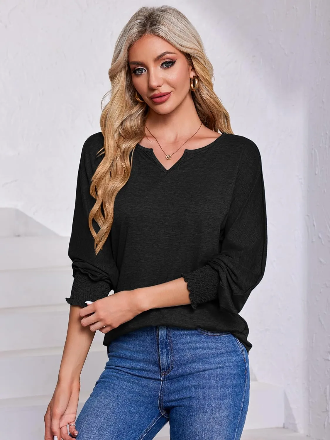 TAKEYAL Women's 2025 Fashion 3/4 Sleeve V Neck T-Shirts Cute Spring Summer Business Dressy Blouses Solid Basic Tee Tops