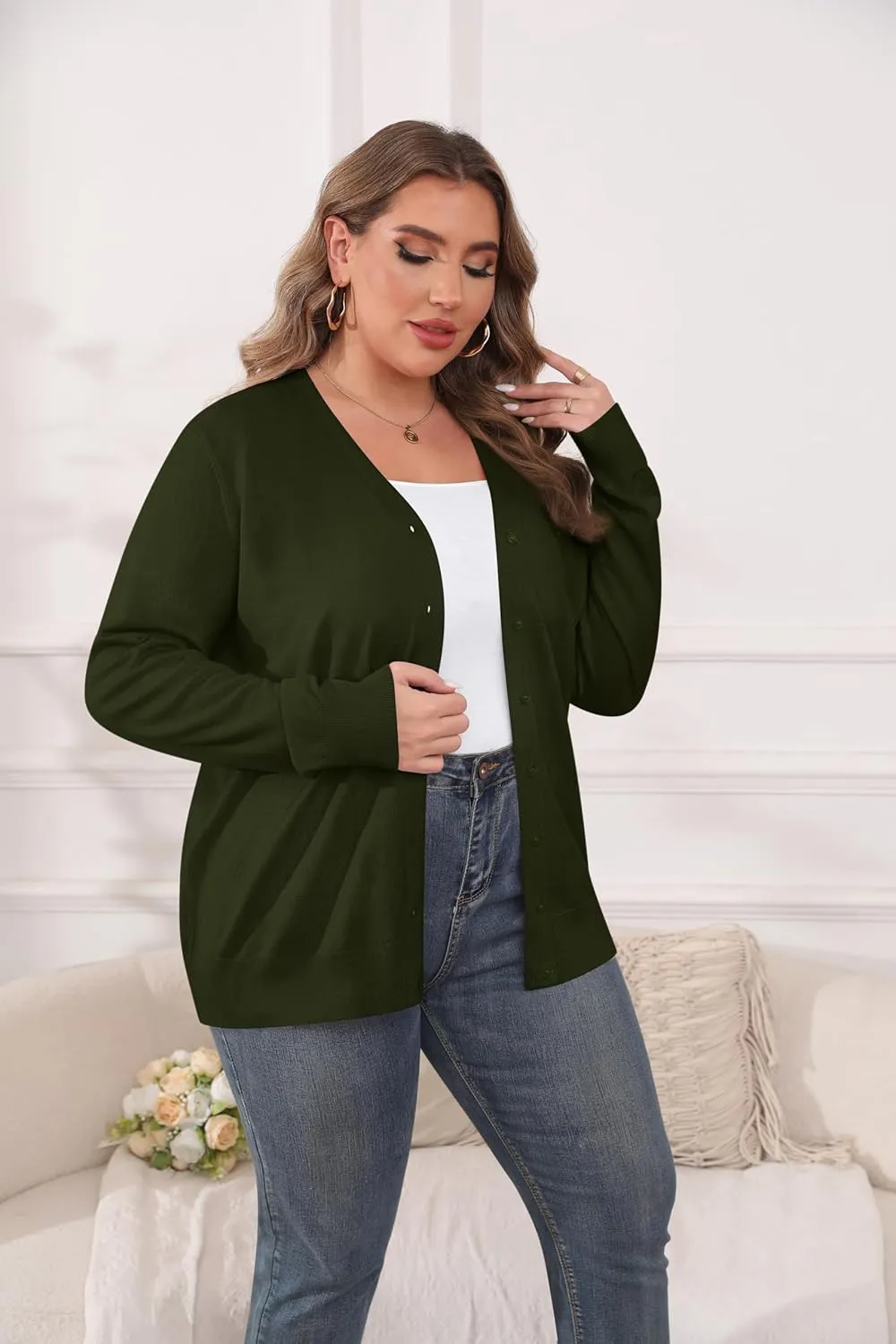 TIANZHU Cardigan Sweaters for Women Plus Size Open Front Long Sleeve V Neck Button Comfy Lightweight Cardigan Casual Coat