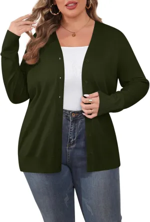 TIANZHU Cardigan Sweaters for Women Plus Size Open Front Long Sleeve V Neck Button Comfy Lightweight Cardigan Casual Coat