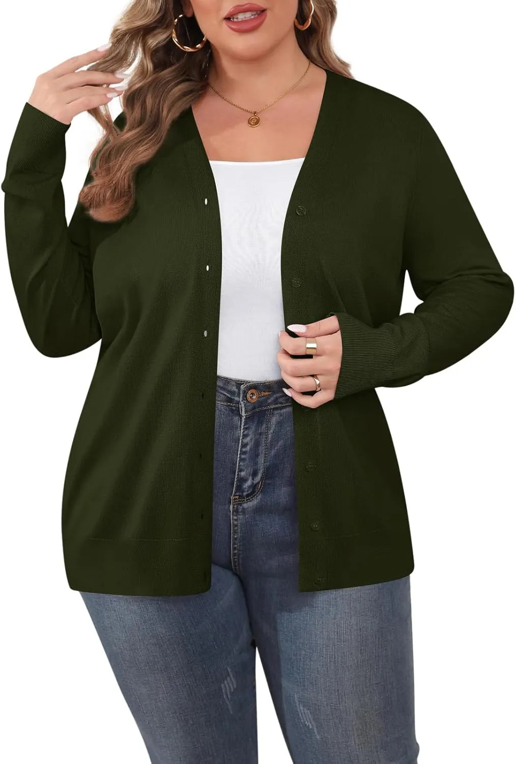 TIANZHU Cardigan Sweaters for Women Plus Size Open Front Long Sleeve V Neck Button Comfy Lightweight Cardigan Casual Coat