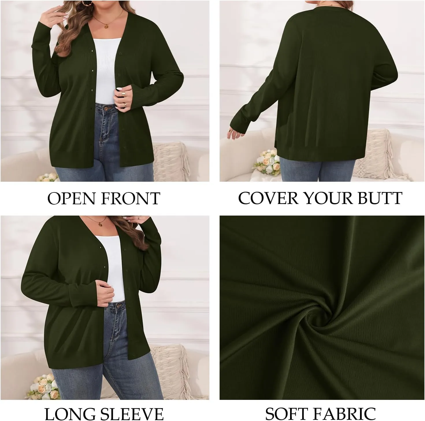 TIANZHU Cardigan Sweaters for Women Plus Size Open Front Long Sleeve V Neck Button Comfy Lightweight Cardigan Casual Coat