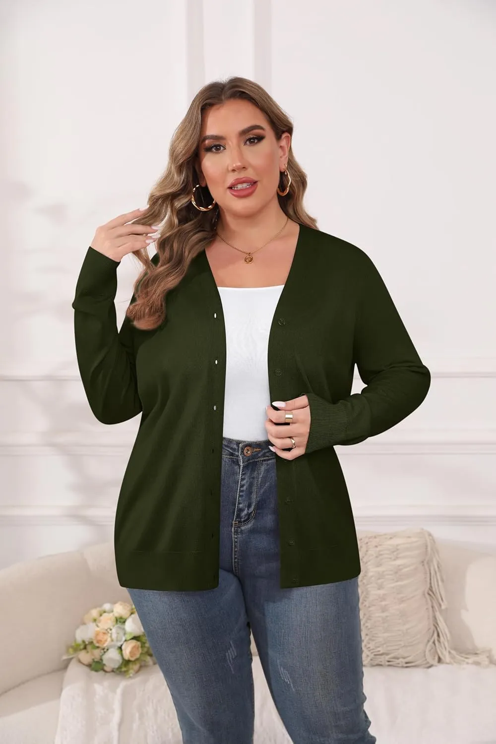 TIANZHU Cardigan Sweaters for Women Plus Size Open Front Long Sleeve V Neck Button Comfy Lightweight Cardigan Casual Coat