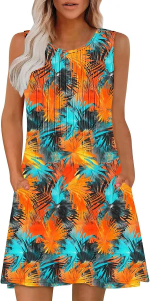 Vacation Dresses for Women 2025 Casual Loose Crewneck Sleeveless Sun Dress Floral Boho Summer Dress with Pockets