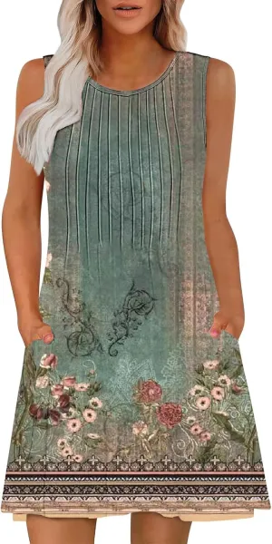 Vacation Dresses for Women 2025 Casual Loose Crewneck Sleeveless Sun Dress Floral Boho Summer Dress with Pockets