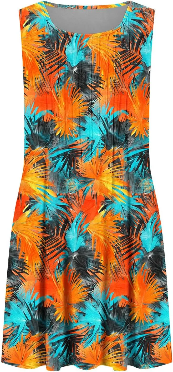Vacation Dresses for Women 2025 Casual Loose Crewneck Sleeveless Sun Dress Floral Boho Summer Dress with Pockets