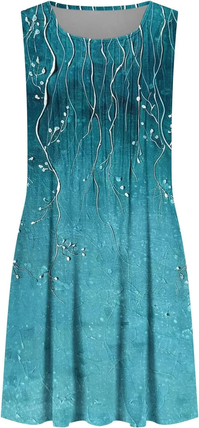 Vacation Dresses for Women 2025 Casual Loose Crewneck Sleeveless Sun Dress Floral Boho Summer Dress with Pockets
