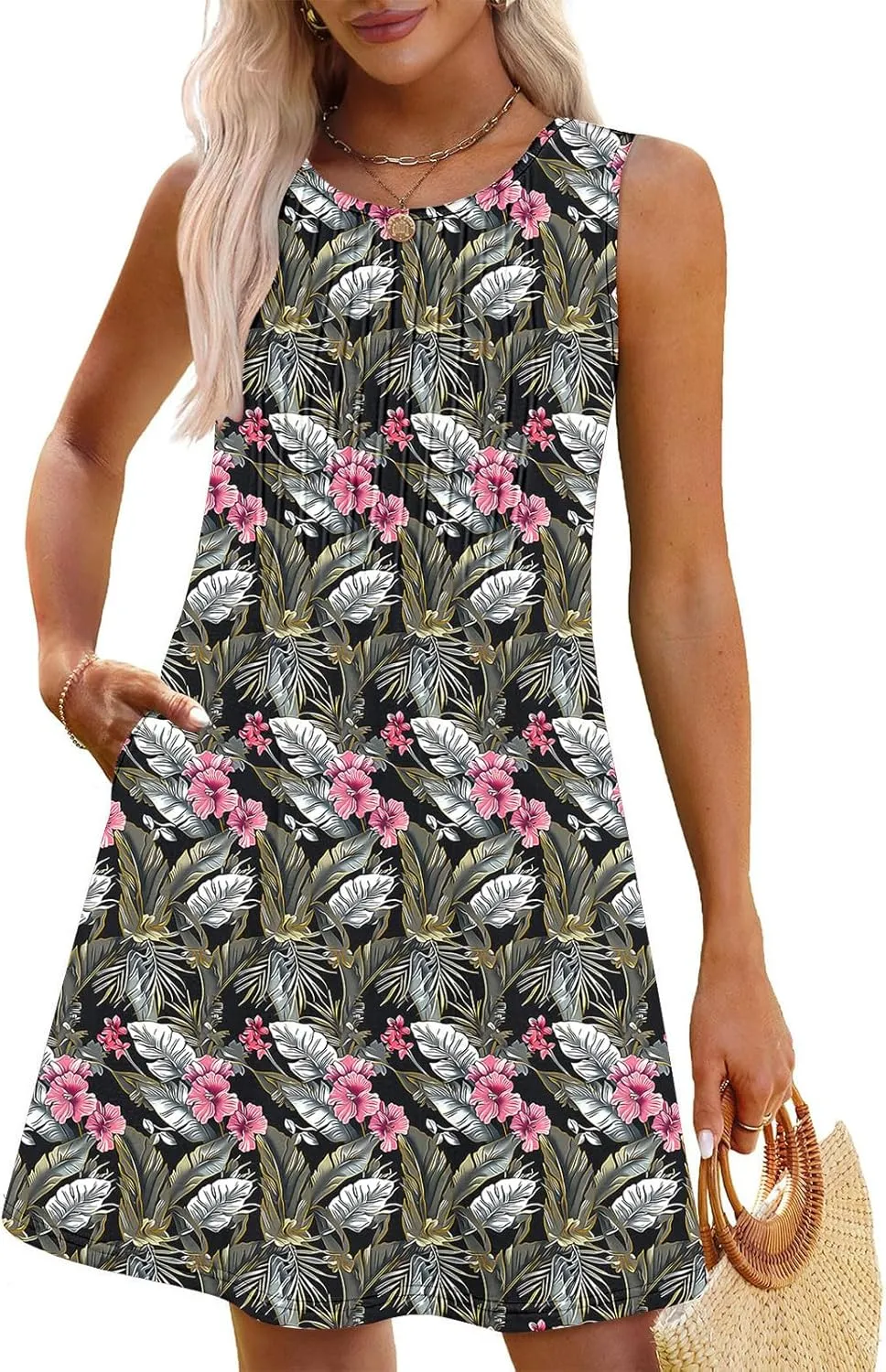 Vacation Dresses for Women 2025 Casual Loose Crewneck Sleeveless Sun Dress Floral Boho Summer Dress with Pockets