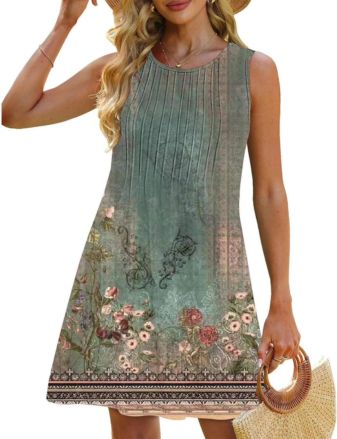 Vacation Dresses for Women 2025 Casual Loose Crewneck Sleeveless Sun Dress Floral Boho Summer Dress with Pockets