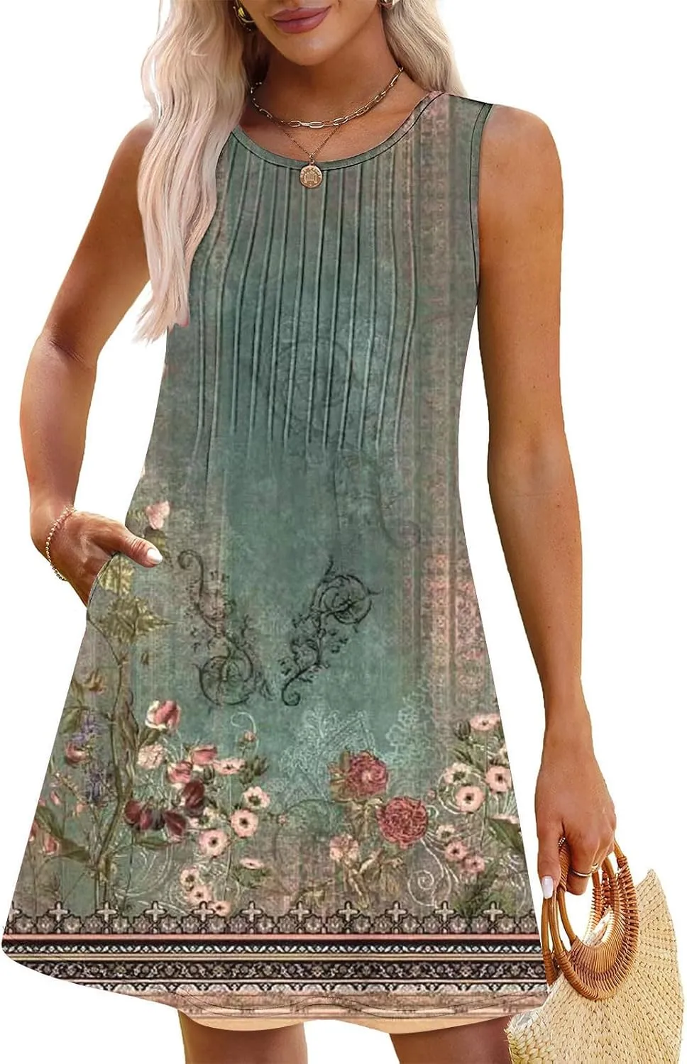 Vacation Dresses for Women 2025 Casual Loose Crewneck Sleeveless Sun Dress Floral Boho Summer Dress with Pockets