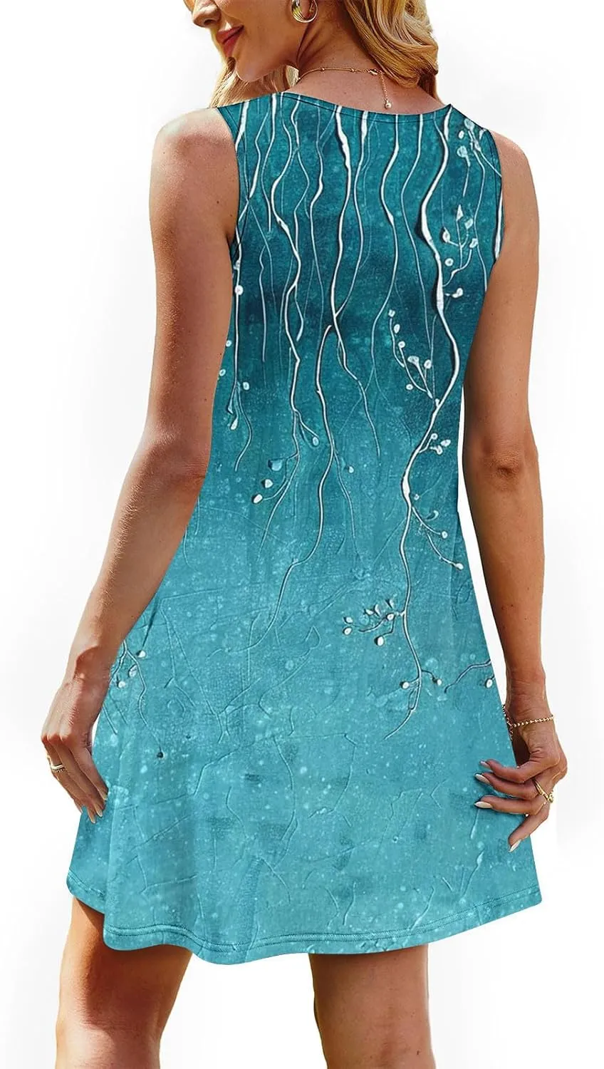 Vacation Dresses for Women 2025 Casual Loose Crewneck Sleeveless Sun Dress Floral Boho Summer Dress with Pockets