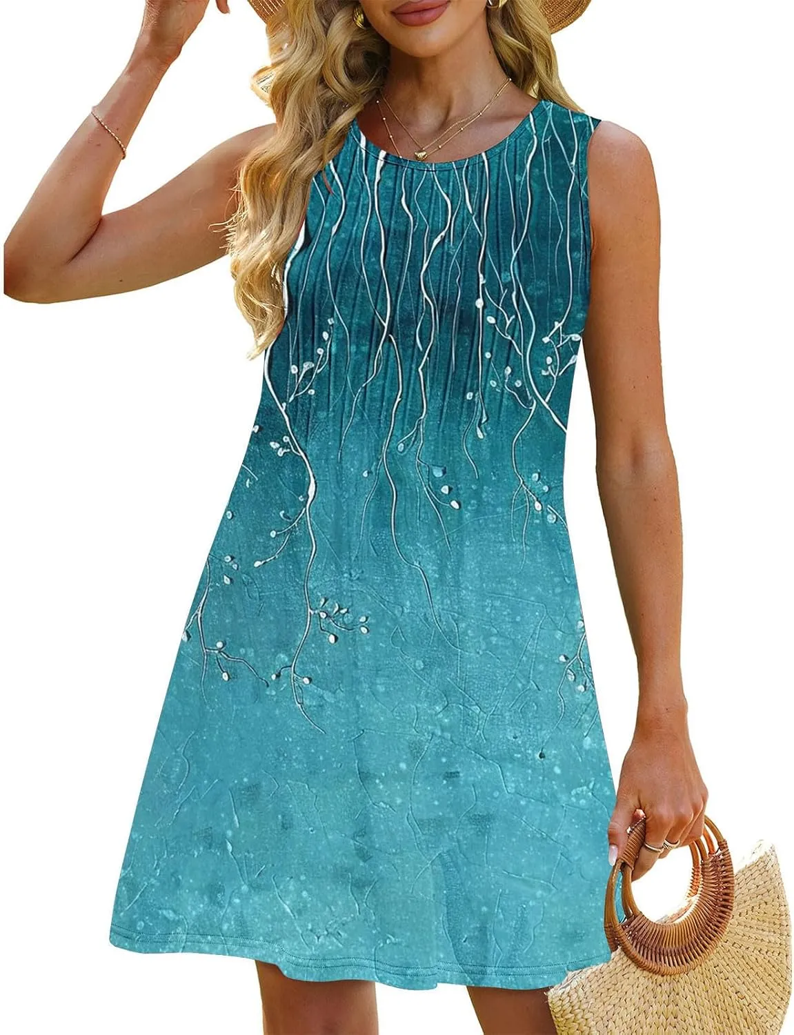 Vacation Dresses for Women 2025 Casual Loose Crewneck Sleeveless Sun Dress Floral Boho Summer Dress with Pockets