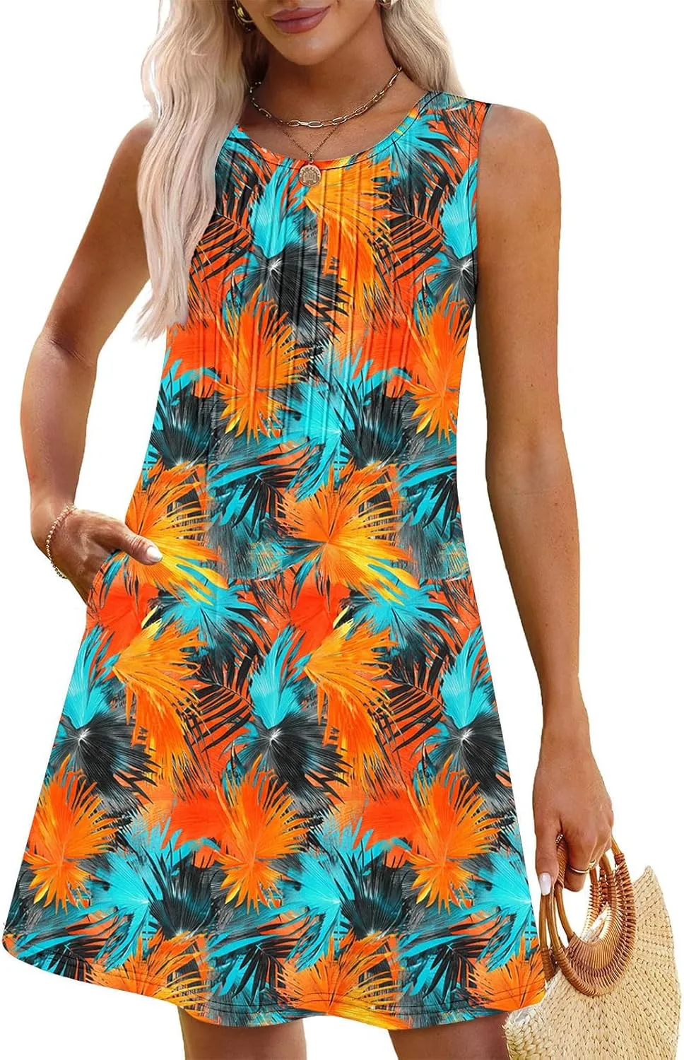 Vacation Dresses for Women 2025 Casual Loose Crewneck Sleeveless Sun Dress Floral Boho Summer Dress with Pockets