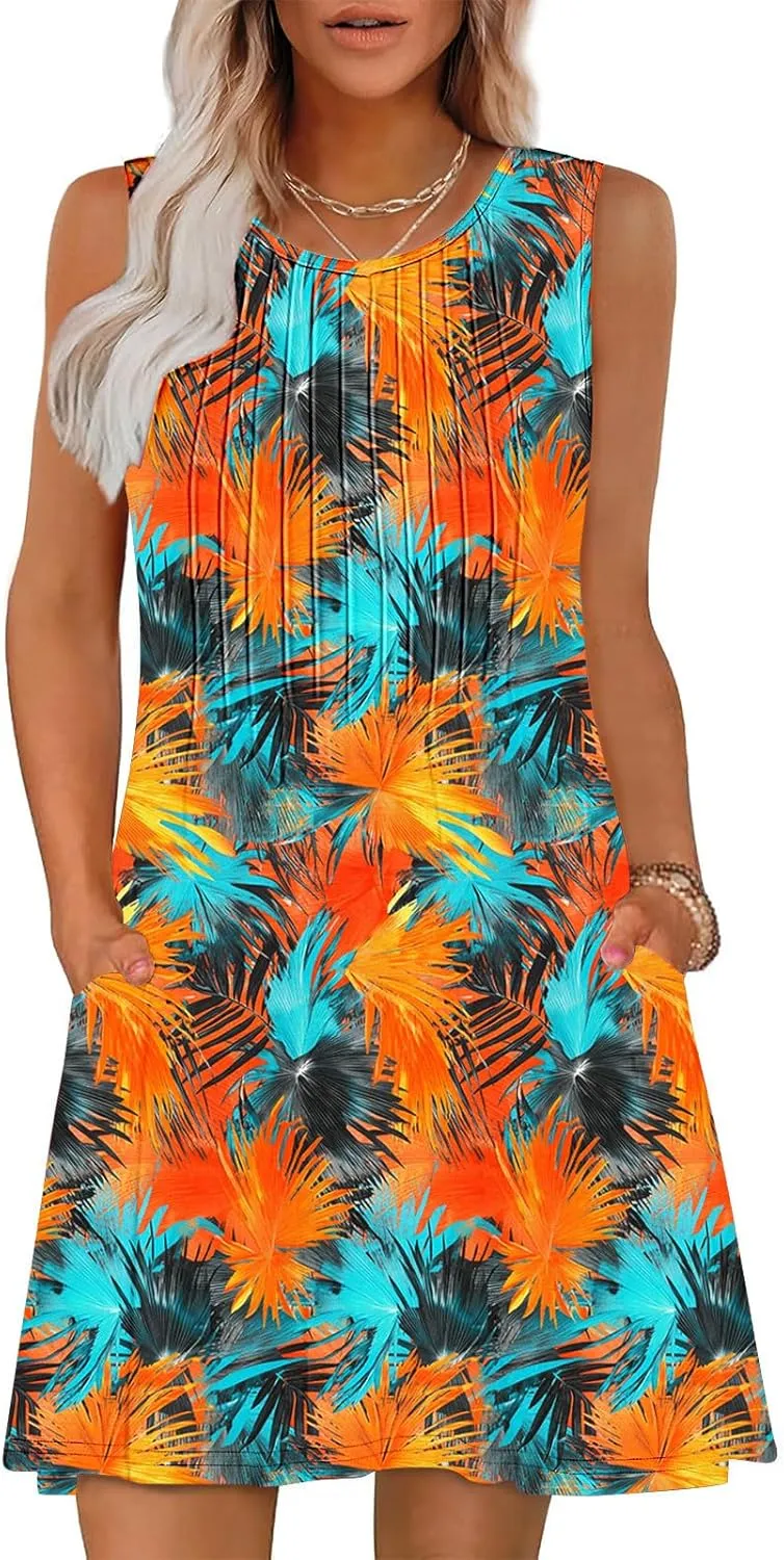 Vacation Dresses for Women 2025 Casual Loose Crewneck Sleeveless Sun Dress Floral Boho Summer Dress with Pockets
