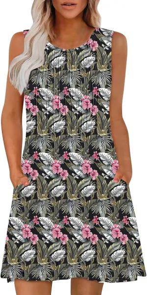 Vacation Dresses for Women 2025 Casual Loose Crewneck Sleeveless Sun Dress Floral Boho Summer Dress with Pockets