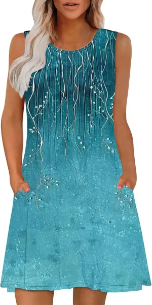 Vacation Dresses for Women 2025 Casual Loose Crewneck Sleeveless Sun Dress Floral Boho Summer Dress with Pockets