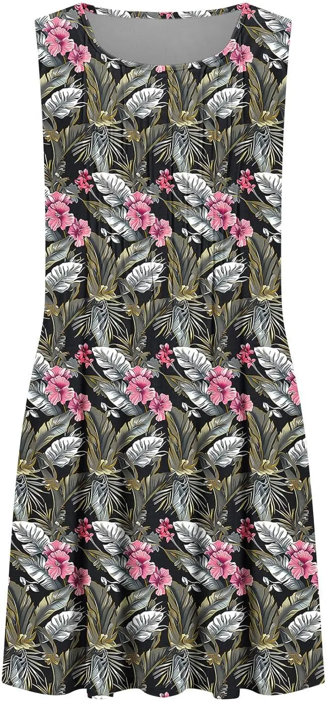 Vacation Dresses for Women 2025 Casual Loose Crewneck Sleeveless Sun Dress Floral Boho Summer Dress with Pockets