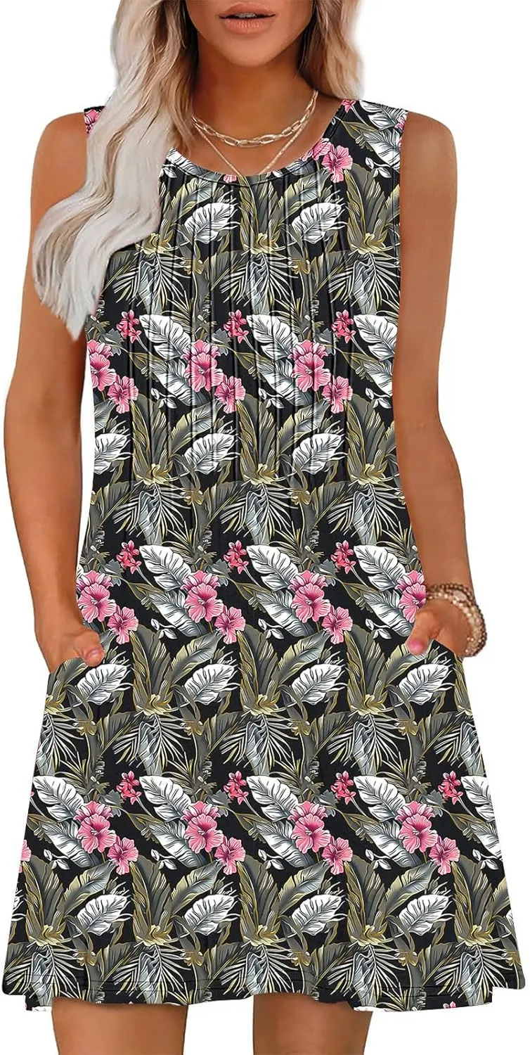 Vacation Dresses for Women 2025 Casual Loose Crewneck Sleeveless Sun Dress Floral Boho Summer Dress with Pockets